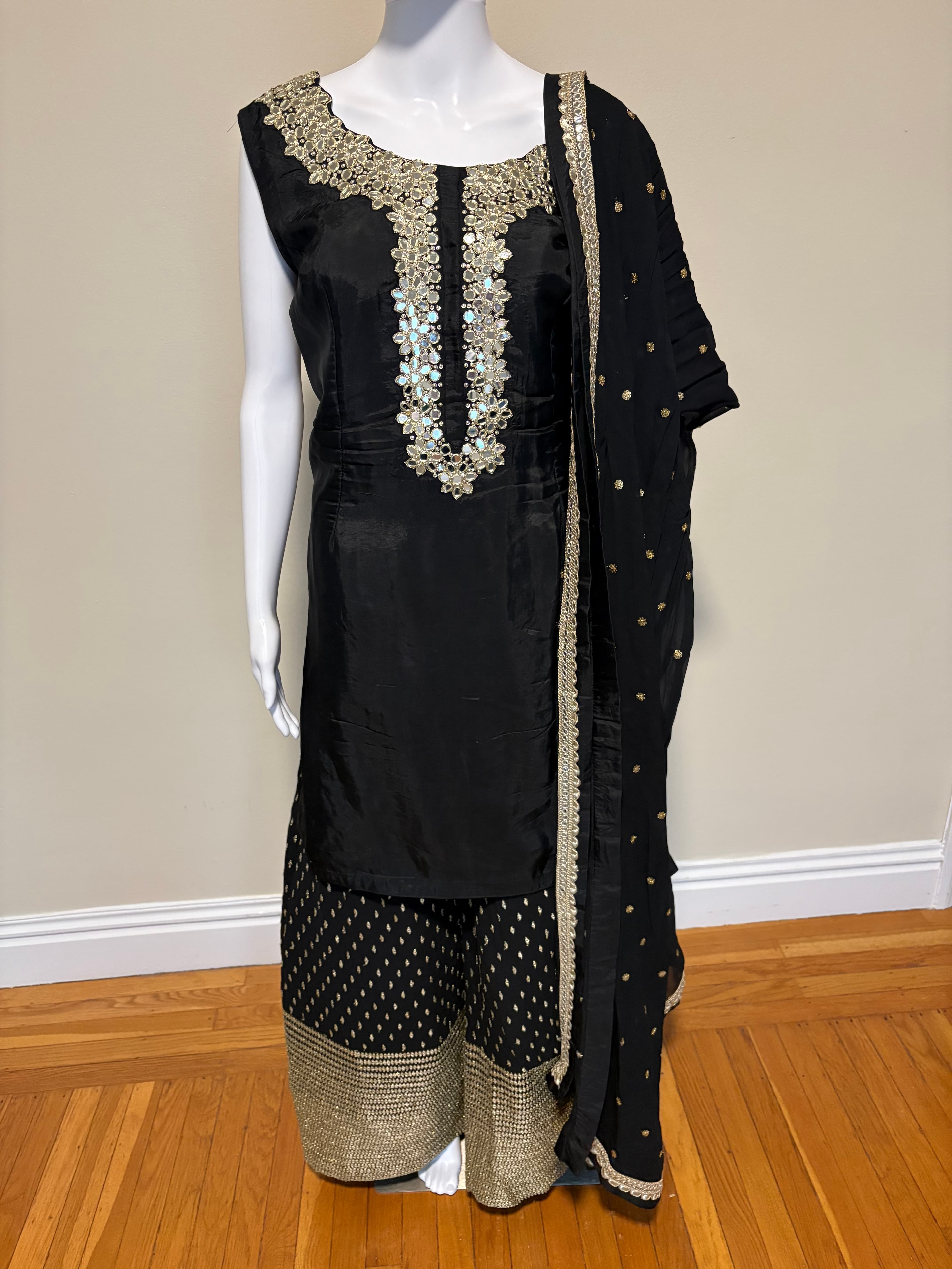 Black & Gold Embroidered Palazzo Suit