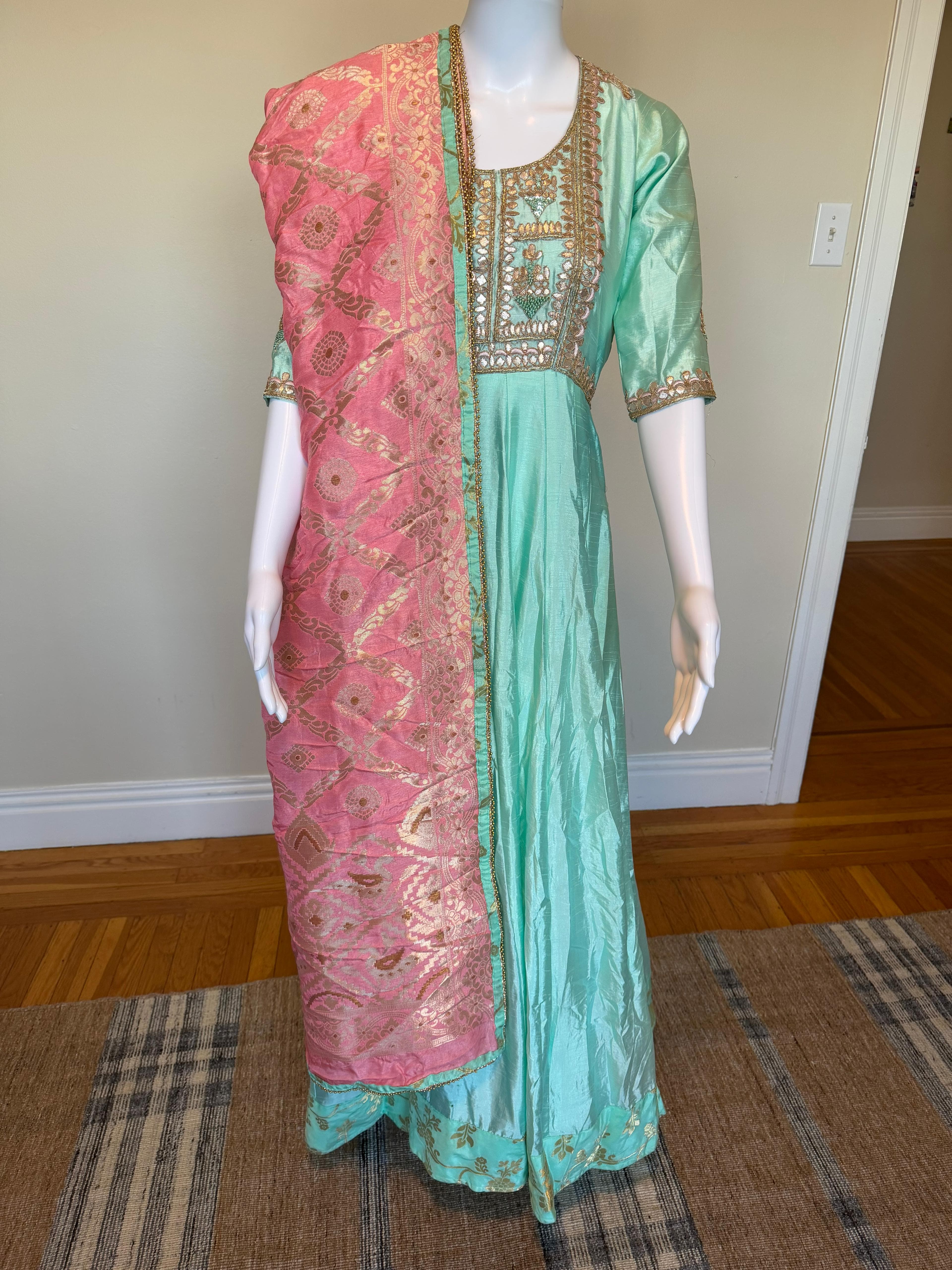Mint Green & Gold Anarkali Set