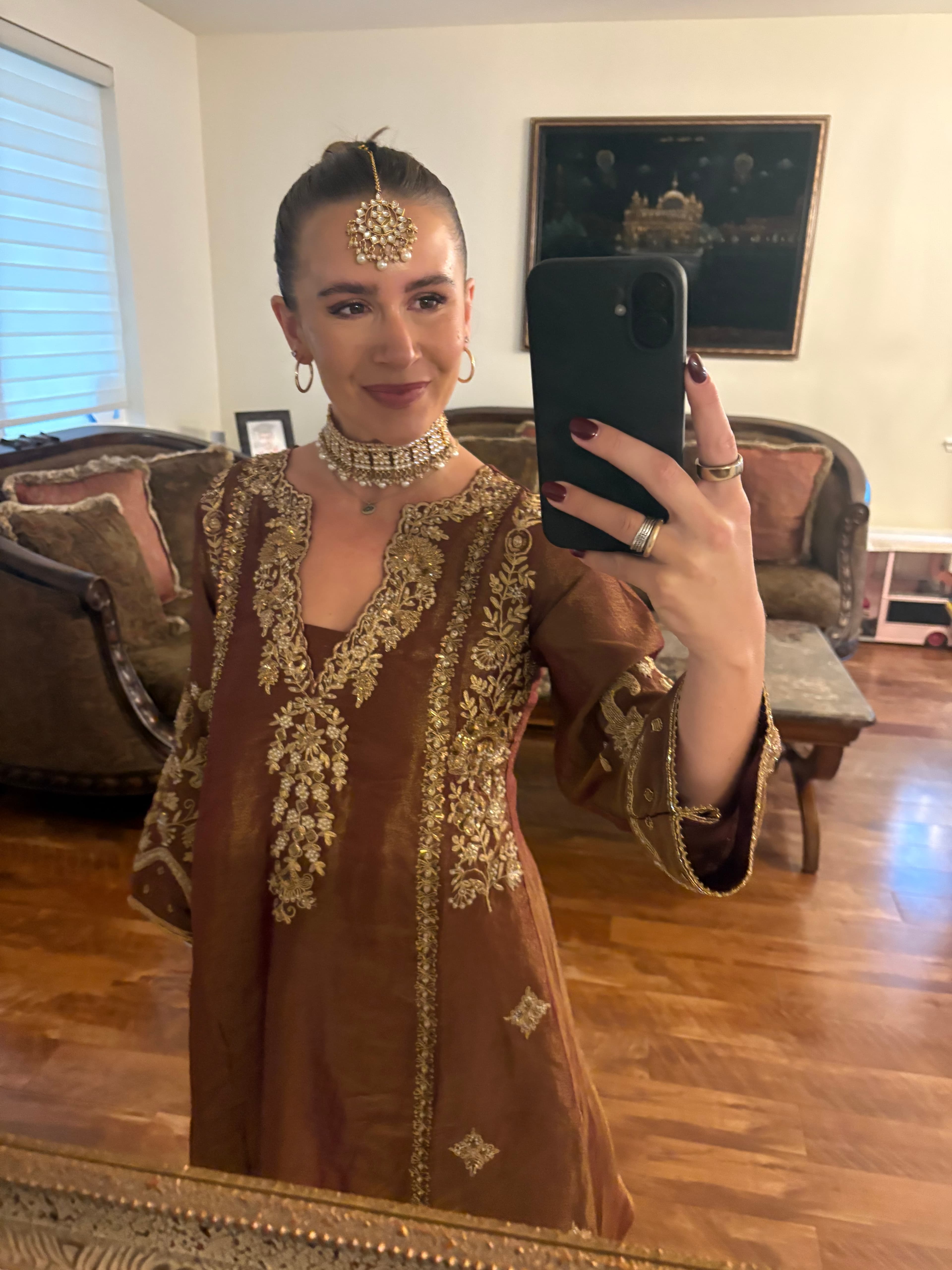 Metallic & Brown Embroidered Salwar Kameez