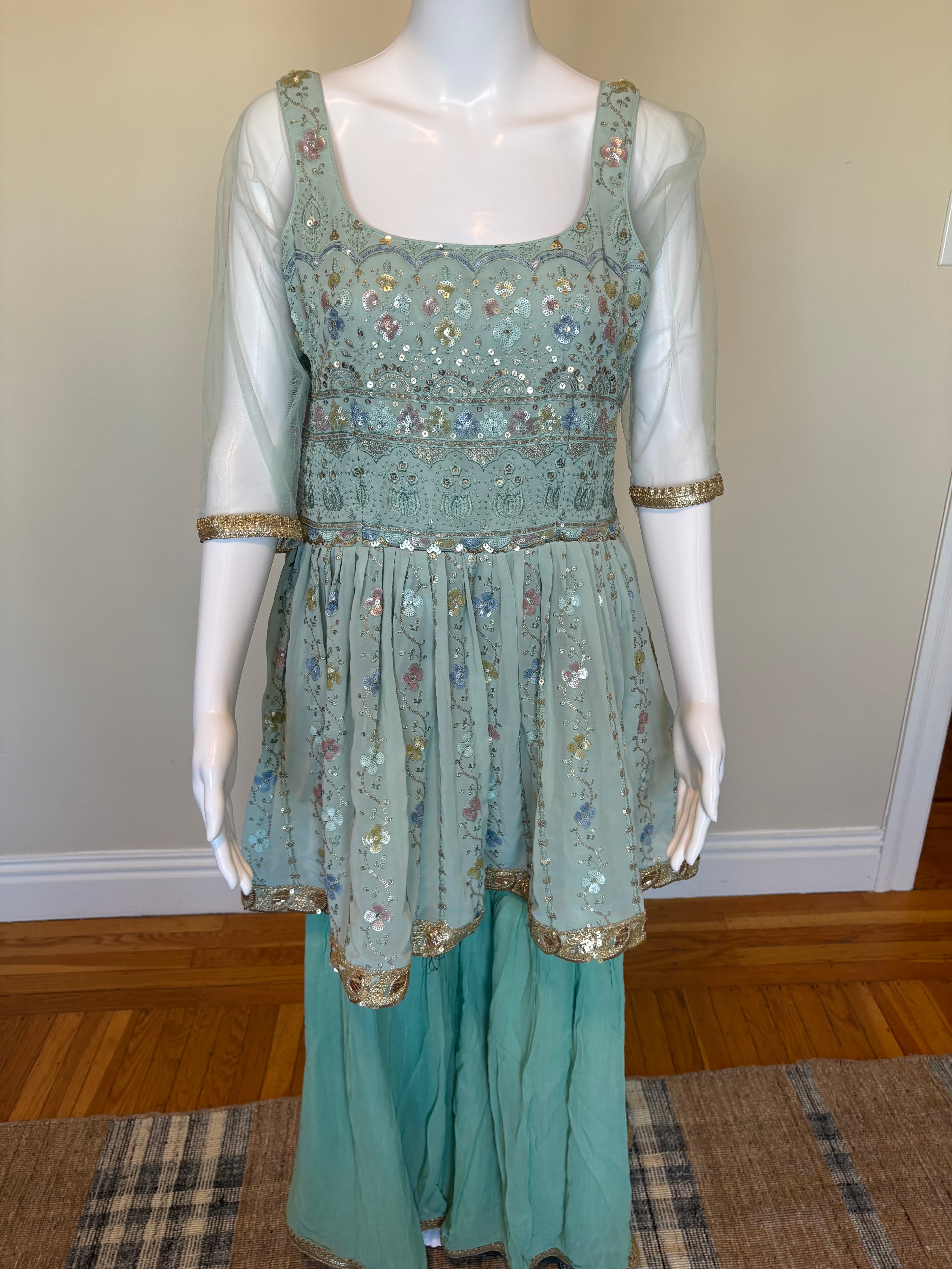 Mint Floral Peplum Sharara Set